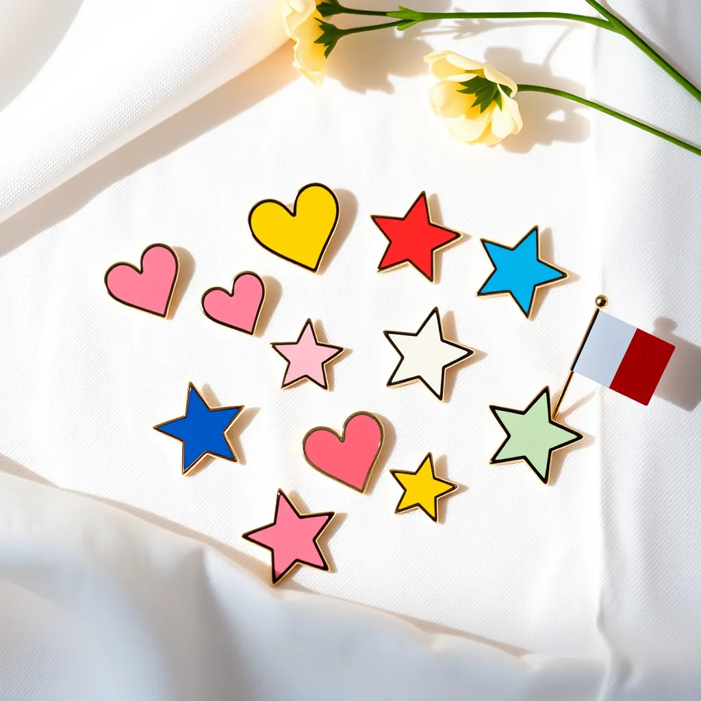 Découvrez des pin's originaux et sur-mesure des meilleurs designers français à travers cette flat lay colorée de pin's émaillés, alliant formes uniques et touches minimalistes.