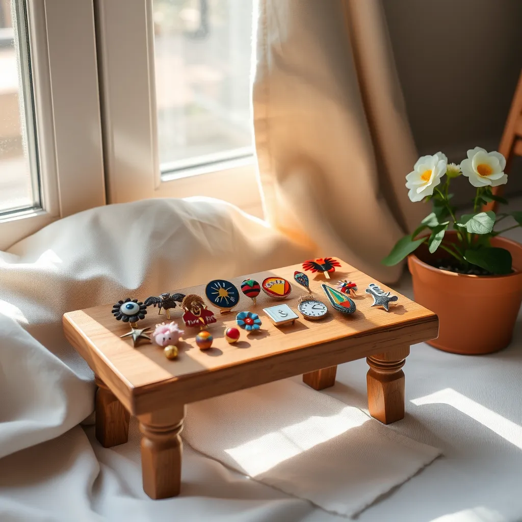 Découvrez les pin's les plus rares dans cette scène ensoleillée illustrant une table en bois ornée de pins colorés, évoquant l'exploration et la chasse aux trésors.