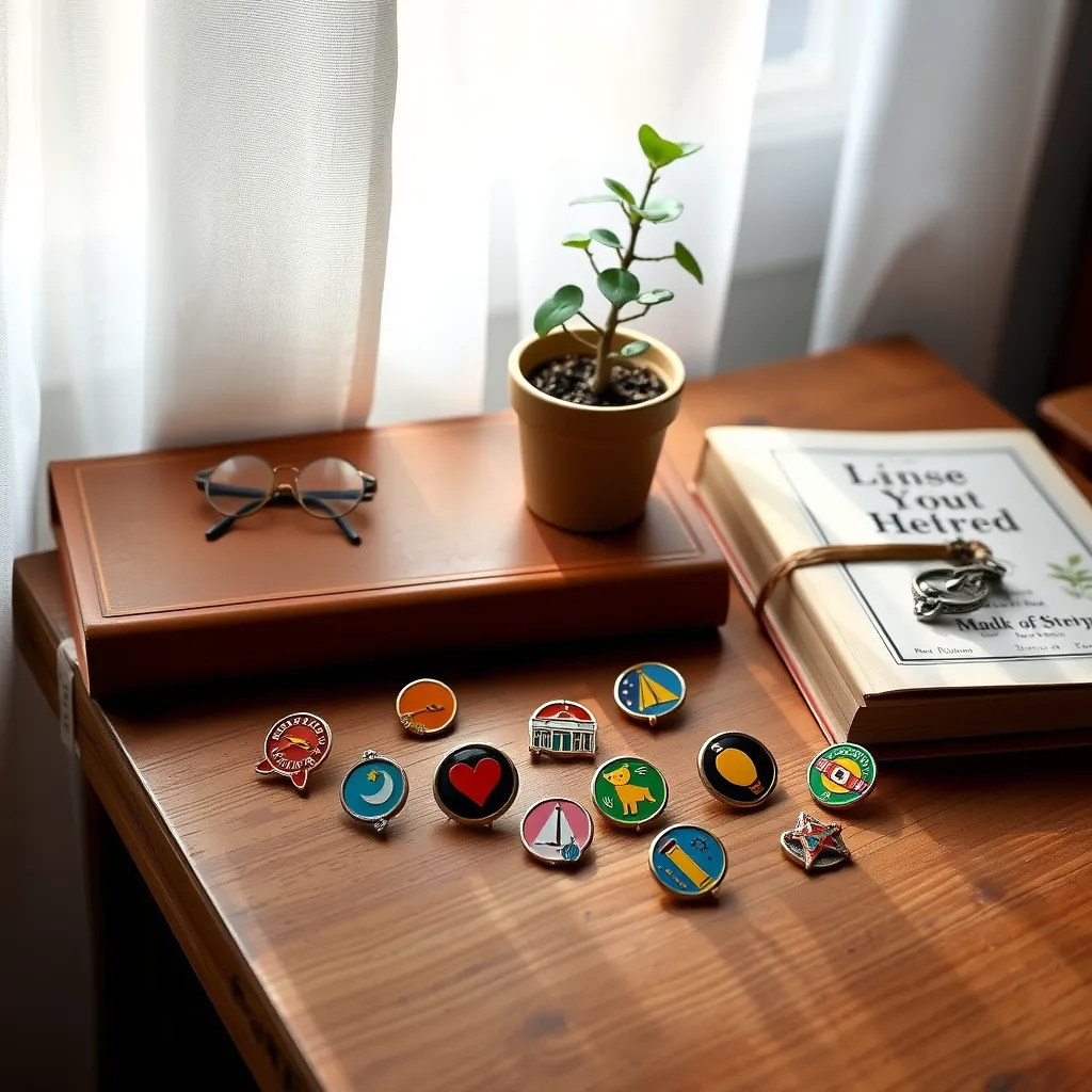 Découvrez la signification cachée des pin's à travers cette scène joyeuse, où des épingles en émail coloré évoquent curiosité et nostalgie, entourées de livres classiques et d'une plante.